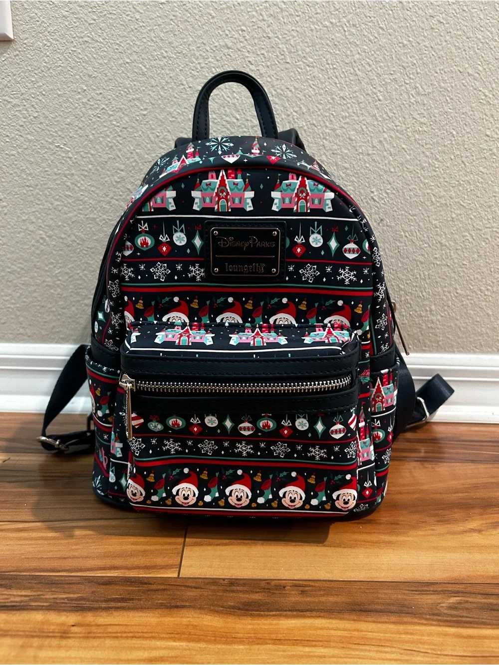 Disney Mini Backpack - Black with Red, White & Green Holiday Print